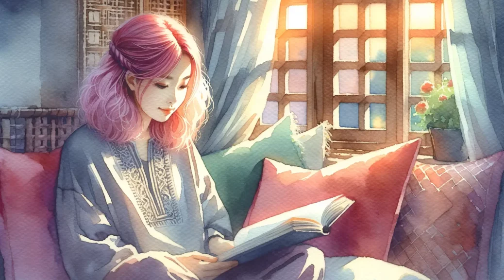 Pink-haired girl reading a book